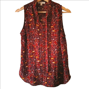 Women's love FIRE burgundy forest pattern sleeveless top. Size small. EUC